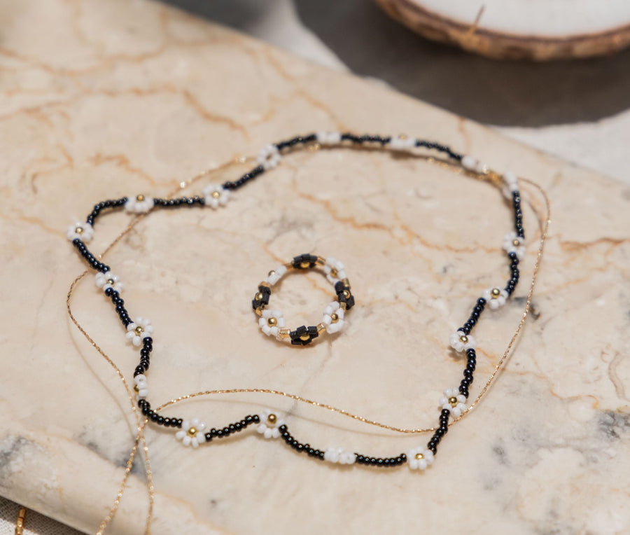 The Santorini Midnight Bloom Necklace & Ring Set